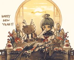  1girl ahoge ahoge_girl_(jimini_shijimi) bamboo_bottle blunt_bangs chopsticks commentary_request creature dragon eastern_dragon eating fantasy highres holding holding_chopsticks jimini_shijimi low_twintails neckerchief no_pupils original pleated_skirt red_neckerchief round_window sailor_collar shirt short_eyebrows short_hair short_sleeves short_twintails sidelocks skirt solo sun twintails white_shirt window 
