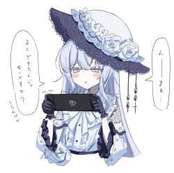  1girl :o absurdres black_gloves blush center_frills commentary_request detached_sleeves dress frills gloves grey_eyes grey_hair hat highres long_hair mahou_shoujo_no_majo_saiban nintendo_switch_2 playing_games playing_video_games raised_eyebrows single_sidelock speech_bubble spoilers tama_sakura tilted_headwear tsukishiro_yuki white_dress white_hat 