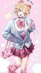  1girl bag blonde_hair blue_cardigan blue_eyes bow cardigan choker double_bun gyaru hair_bun hair_ornament hairclip highres kaneko_lumi mn374390 one_eye_closed open_mouth phase_connect pink_background pink_bag pink_bow pink_choker pink_skirt shirt skirt solo sparkle_hair_ornament v virtual_youtuber white_shirt x_hair_ornament 
