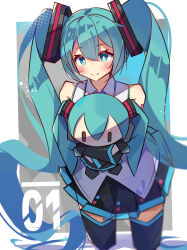  1girl bare_shoulders black_skirt black_sleeves black_thighhighs blue_eyes blue_hair blurry blush border bright_pupils character_and_character_item character_doll closed_mouth collared_shirt commentary_request cropped_legs depth_of_field detached_sleeves doll double-parted_bangs fuwapuchi grey_background grey_shirt hair_between_eyes hatsune_miku highres holding holding_doll long_hair long_sleeves looking_at_viewer miniskirt outside_border pleated_skirt shirt skirt sleeveless sleeveless_shirt smile solo tetenka thigh-highs twintails very_long_hair vocaloid white_border white_pupils zettai_ryouiki 