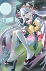  1girl absurdly_long_hair asymmetrical_legwear bear_hair_ornament black_ribbon black_sandals blue_eyes blue_skirt checkered_clothes checkered_kimono chinese_commentary cho_kaguya-hime! collarbone collarbone_piercing commentary_request dated dot_nose eyeliner fan_hair_ornament floral_print full_body full_moon gold_tiara gradient_clothes gradient_hair gradient_skirt green_sash hair_ornament hair_ribbon hair_rings highres invisible_chair japanese_clothes kanzashi kimono kimono_skirt knees_together_feet_apart light_blush long_hair long_sleeves looking_at_viewer makeup making-of_available meteor_shower midair miniskirt moon multicolored_hair night okobo piercing pink_hair pink_skirt platform_sandals pleated_skirt red_eyeliner ribbon runami_yachiyo runami_yachiyo_(old_design) sandals sash short_kimono sidelocks signature single_bare_shoulder single_off_shoulder single_sock single_thighhigh sitting skirt smile socks solo sparkle split_mouth tabi thigh-highs tiara tilted_headwear tsumami_kanzashi twintails two-tone_skirt uneven_legwear variant_set very_long_hair white_hair white_kimono wide_sleeves xing_xiu_kara 