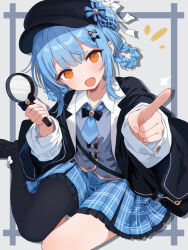  1girl :d asymmetrical_legwear bag bird_hat_ornament black_bag black_bow black_bowtie black_capelet black_hat black_pantyhose blue_hair blue_necktie blue_skirt bow bowtie braid braided_hair_rings capelet collared_shirt commentary_request deerstalker footwear_bow frilled_skirt frills full_body grey_vest hair_bow hair_rings hat hat_bow highres holding holding_magnifying_glass layered_skirt long_sleeves looking_at_viewer magnifying_glass mahou_shoujo_no_majo_saiban necktie open_mouth pantyhose plaid_clothes plaid_skirt pointing pointing_at_viewer shirt short_hair single_leg_pantyhose sitting skirt smile solo sumishake tachibana_sherry vest white_shirt yellow_eyes yokozuwari 