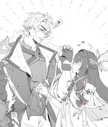  1boy 1girl ? ahoge arm_strap awq1028359 bare_shoulders belt blunt_bangs blush chest_belt clenched_hand closed_eyes collared_shirt colored_inner_hair columbina_(genshin_impact) cowboy_shot crossed_bangs dress eye_mask feathered_wings fingerless_gloves fingernails fur-trimmed_jacket fur_trim genshin_impact gloves greyscale hair_ornament hair_tubes hand_up head_wings height_difference high_collar highres jacket lapels long_hair long_sleeves looking_at_another looking_down mask monochrome motion_lines multicolored_hair multiple_belts multiple_wings muscular muscular_male musical_note off-shoulder_dress off_shoulder open_clothes open_jacket pants pink_hair scar scar_on_face shirt short_hair sidelocks simple_background speech_bubble spoken_question_mark spot_color standing sweatdrop teeth v-shaped_eyebrows varka_(genshin_impact) very_long_hair wide_sleeves wings wrist_bow x_hair_ornament 