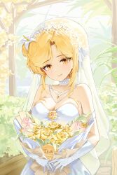  1girl absurdres black_survival blonde_hair bridal_gauntlets bridal_veil character_name choker closed_mouth collarbone commentary_request dress english_commentary eternal_return:_black_survival flower gem hair_flower hair_ornament highres jewelry korean_commentary lace lace-trimmed_veil lace_choker lace_trim mixed-language_commentary necklace seasalt_flavour smile solo tia_(black_survival) veil wedding_dress white_bridal_gauntlets white_dress yellow_eyes yellow_flower yellow_gem 