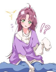  !? 1girl ^^^ age_regression aged_down akechi_anna's_mother alternate_hairstyle between_legs blouse blue_pants blunt_ends blush commentary_request curtained_hair daifuku_momiji dot_nose feet_out_of_frame green_eyes hair_down hair_intakes hand_between_own_legs hand_up hime_cut layered_sleeves long_hair long_sleeves looking_at_viewer loose_hair_strand meitantei_precure! nervous_smile oversized_clothes oversized_shirt oversized_sweater pants precure purple_shirt shirt short_over_long_sleeves short_sleeves simple_background single_off_shoulder sitting sleeves_past_fingers sleeves_past_wrists smile solo surprised sweatdrop sweater sweater_under_shirt translation_request turtleneck turtleneck_sweater wariza white_background white_sweater 