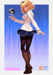  1girl antenna_hair arcueid_brunestud arm_at_side black_pantyhose blonde_hair blue_background blue_skirt blush boots breasts brown_boots buckle_boot earth_(planet) fingernails from_behind fukou full_body hair_between_eyes hand_up highres holding_planet large_breasts looking_at_viewer miniskirt pantyhose plaid_clothes plaid_skirt planet red_eyes shade sharp_fingernails short_hair sideboob sidelocks single_hair_intake skirt solo sweater teeth thigh_boots tsukihime tsukihime_(remake) turning_around turning_head turtleneck turtleneck_sweater white_sweater 