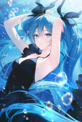  air_bubble aqua_nails arms_up artist_name black_dress blue_eyes blue_hair bubble commentary_request dress fingernails hair_between_eyes hair_ornament hatsune_miku highres long_hair looking_at_viewer nail_polish parted_lips shinkai_shoujo_(vocaloid) signature sleeveless sleeveless_dress takimii underwater upper_body very_long_hair vocaloid watermark 