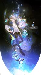  1boy arthropod_boy black_pants blue_butterfly blue_eyes bug butterfly cape cloak collared_shirt crown diamond_hairband fate/grand_order fate_(series) full_body fur-trimmed_cloak fur_trim grey_hair highres insect_wings long_sleeves looking_at_viewer male_focus medium_hair oberon_(fate) oberon_(third_ascension)_(fate) pants shirt silk solo spider spider_web white_shirt wings yukiko_(g_e7r) 
