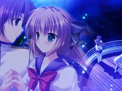  1boy 1girl asuka_mirai back_ribbon black_bow blue_eyes bow bowtie brown_hair buttons closed_mouth collarbone cross-laced_clothes cupping_hand different_zoom_layer fence floating_hair game_asset hair_bow hair_intakes highres iron_fence jacket juliet_sleeves lapels long_hair long_sleeves looking_at_another mikeou miniskirt multiple_hair_bows multiple_views nanairo_kouro night non-web_source ocean on_ship outdoors pants pleated_skirt profile puffy_sleeves purple_sailor_collar purple_skirt red_bow red_bowtie ribbon sailor_collar school_uniform self-datamine shirt short_hair shoulder_boards side-by-side skirt standing striped_clothes thigh-highs two_side_up white_jacket white_pants white_ribbon white_shirt white_thighhighs wide_shot wooden_floor zettai_ryouiki zoom_layer 