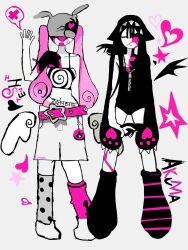  2girls alien_stage animal_ear_headwear beanie black_hat black_leg_warmers camisole cosplay costume_switch earflap_beanie grey_hat hat highres kat_(tasaffftta) leg_warmers mismatched_leg_warmers mizi_(alien_stage) mizi_(alien_stage)_(cosplay) mizi_(zombie_stage) multiple_girls panties panty_peek rabbit_ear_headwear romaji_text shorts spiral_print star_(symbol) star_belt_buckle striped_leg_warmers sua_(alien_stage) sua_(alien_stage)_(cosplay) sua_(zombie_stage) twintails underwear white_camisole zombie_stage 