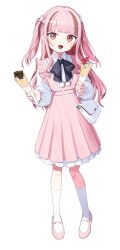  1girl absurdres bag blunt_bangs bow bowtie brown_eyes collared_shirt crepe dress dual_wielding food frilled_sleeves frills full_body highres holding holding_crepe holding_food kneehighs long_hair long_sleeves looking_at_viewer mary_janes open_mouth original pink_dress pink_hair pink_shoes purple_bow purple_bowtie shirt shoes shoulder_bag sidelocks signalviolet socks solo standing transparent_background two_side_up white_bag white_socks 