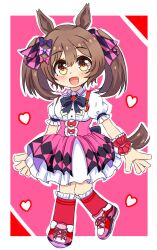  1girl absurdres animal_ears black_bow blush bow breasts brown_eyes brown_hair center_frills frills hair_between_eyes hair_bow heart highres horse_ears horse_girl horse_tail looking_at_viewer mgr3na2sup_6 multiple_hair_bows open_mouth pink_bow pink_shoes pink_skirt puffy_short_sleeves puffy_sleeves purple_bow red_socks shirt shoes short_sleeves skirt smart_falcon_(love_4ever)_(umamusume) smart_falcon_(umamusume) smile socks solo suspender_skirt suspenders tail twintails umamusume white_shirt wrist_cuffs 