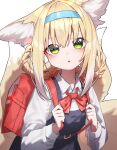  absurdres alternate_costume animal_ears arknights backpack bag beudelb blonde_hair blue_dress blush bow bowtie braid braided_hair_rings collared_shirt colored_tips commentary cosplay dress fox_ears fox_girl fox_tail green_eyes hair_rings highres holding_strap kitsune kyuubi long_sleeves looking_at_viewer multicolored_hair multiple_tails parted_lips pinafore_dress puffy_long_sleeves puffy_sleeves red_bag red_bow red_bowtie shigure_ui_(vtuber)_(cosplay) shigure_ui_(young)_(vtuber) shirt short_hair simple_background sleeveless sleeveless_dress suzuran_(arknights) tail twin_braids white_background white_hair white_shirt 