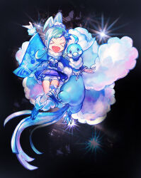  >_< 1girl 2015 altaria aqua_hair black_background blue_bow blue_skirt blush bow closed_eyes closed_mouth commentary_request flower full_body hair_flower hair_ornament kantarou_(8kan) lisia_(pokemon) long_hair long_sleeves mega_altaria mega_pokemon open_mouth pokemon pokemon_(creature) pokemon_omega_ruby_and_alpha_sapphire ponytail sidelocks skirt smile 