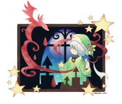 1boy artist_name black_shirt blue_eyes blue_hair coat commentary creature dragon flower flying full_moon green_coat green_hat hand_on_own_hip hat hat_flower holding holding_test_tube indoors looking_at_creature male_focus moon orange_lore original parted_lips pink_flower pointy_ears potion shirt short_hair solo star_(symbol) test_tube window 