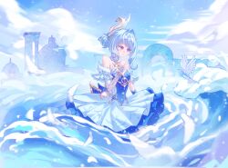  1bfo_fo 1girl architecture bare_shoulders bird blue_dress blue_hair blue_sky chinese_commentary clouds commentary_request dove dress feathers genshin_impact hair_intakes hair_ornament highres odette_(genshin_impact) off-shoulder_dress off_shoulder outdoors own_hands_together sea_spray sky solo violet_eyes water waves white_bird white_dress 