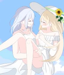  2girls ^_^ absurdres bare_shoulders blonde_hair blue_background blue_hair carrying closed_eyes collarbone dress flower hat hat_flower highres long_hair looking_at_another mahou_shoujo_no_majo_saiban march_23th multiple_girls off-shoulder_dress off_shoulder open_mouth princess_carry sky sleeveless sleeveless_dress smile sun_hat sundress tachibana_sherry tono_hanna white_dress white_hat yuri 