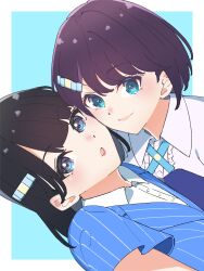  2girls absurdres animification azabu_mai black_hair blue_background blue_cross_tie blue_dress blue_eyes blue_jacket bob_cut border center_frills cheek-to-cheek closed_mouth collared_shirt commentary cross_tie dress endo_rina frills fujiwaland heads_together highres ikizulive!_love_live!_bluebird jacket long_hair looking_at_viewer love_live! multiple_girls open_mouth outside_border pinstripe_jacket pinstripe_pattern purple_hair real_life shirt short_hair simple_background smile split_mouth strapless strapless_dress untranslatable_commentary upper_body voice_actor voice_actor_connection what_is_my_life?_(love_live!) white_border white_shirt 