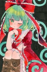  1girl blush boots bow brown_boots commentary_request dress frilled_bow frilled_ribbon frills green_eyes green_hair hair_bow highres kagiyama_hina knee_boots lace-up_boots long_hair one_eye_closed pppppks puffy_short_sleeves puffy_sleeves red_bow red_dress red_ribbon ribbon short_sleeves solo touhou wrist_ribbon 
