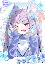  1girl animal_ear_hairband animal_ears aroa_(aroamoyasi) blue_bow blue_jacket blue_nails bow candy commentary copyright_name copyright_notice elbow_rest fake_animal_ears food hair_bow hair_ornament hairband hairclip highres holding holding_candy holding_food holding_lollipop jacket jersey_maid lollipop long_hair long_sleeves looking_at_viewer maid maid_headdress multicolored_hair nail_polish official_art one_eye_closed open_mouth pink_eyes pink_streaks purple_hair rabbit_ear_hairband rabbit_ears sample_watermark solo streaked_hair tosaki_mimi tosaki_mimi_(4th_costume) track_jacket twintails unconventional_maid virtual_youtuber vspo! watermark white_bow 