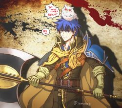  1boy animal_on_head armor bird blue_eyes blue_hair closed_mouth commentary_request feh_(fire_emblem_heroes) fire_emblem fire_emblem:_path_of_radiance fire_emblem_heroes gloves headband holding holding_weapon ike_(brave_mercenary)_(fire_emblem) ike_(fire_emblem) male_focus official_alternate_costume on_head owl pauldrons short_hair shoulder_armor single_pauldron speech_bubble sumuco translation_request twitter_username weapon 