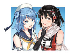  2girls black_hair black_neckerchief blue_eyes blue_hair breasts brown_eyes commentary_request donut_hair_bun double_bun elbow_gloves gloves hair_bun hat kantai_collection medium_breasts multiple_girls neckerchief nishigooto_no_hito sailor_hat scarf school_uniform sendai_(kancolle) sendai_kai_ni_(kancolle) serafuku short_hair sleeves_rolled_up two_side_up urakaze_(kancolle) white_gloves white_hat white_scarf yellow_neckerchief 