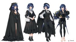  4girls absurdres alternate_costume animal_ears arknights astesia_(arknights) bag belt bird_ears bird_tail black_dress blue_eyes blue_hair bodysuit boots braid coat coat_on_shoulders dagger diving_suit dress formal_clotheshat full_body handbag headdress heel_up highres holding holding_dagger holding_knife holding_weapon immeasurable knife laurel_crown long_hair long_sleeves looking_at_viewer multiple_girls necktie puffy_long_sleeves puffy_sleeves shirt shoes short_hair tail vest waistcoat weapon wetsuit white_shirt 