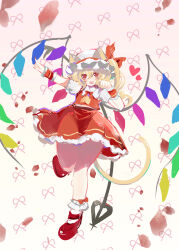  1girl absurdres animal_ears ascot banfen_mocha_mashu blonde_hair bow cat_ears cat_girl cat_tail chinese_commentary collared_shirt commentary_request crystal crystal_wings flandre_scarlet frilled_shirt_collar frills full_body hat hat_bow highres kemonomimi_mode laevatein_(touhou) long_legs looking_at_viewer mob_cap multicolored_wings one_side_up open_mouth red_bow red_eyes red_shoes red_skirt red_vest shirt shoes skirt skirt_set smile socks solo tail thick_thighs thighs touhou vest white_hat white_shirt white_socks wings yellow_ascot 