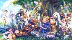  4girls 6+boys absurdres ai_(digimon_tamers) akiyama_ryo animal_ears antennae bandana bandana_around_neck belt black_eyes black_hair black_sclera blue_eyes blue_hair blue_hoodie blush_stickers body_fur bread brother_and_sister brown_eyes brown_fur brown_hair claws closed_eyes closed_mouth clouds cloudy_sky colored_sclera commentary_request culumon dappled_sunlight demon_tail denim digimon digimon_(creature) digimon_on_head digimon_tamers digital_hazard dinosaur dragon dress eating english_text everyone facial_mark floppy_ears food food_on_face fox_ears fox_girl fox_tail furry furry_female glasses gloves goggles goggles_on_head grass green_dress green_eyes green_fur group_picture guardromon guilmon hanging hayashida_chiyo heart heart_print highres holding holding_food holding_toy_gun holy_ring hood hoodie horns impmon in_tree jeans katou_juri kitagawa_kenta laughing lee_jianliang lee_shaochung light_rays lop_rabbit_ears lopmon makino_ruki makoto_(digimon_tamers) marinangemon matsuda_takato messy_eater monodramon multiple_boys multiple_girls multiple_horns neck_fur neck_tuft non-humanoid_robot on_ground open_mouth orange_vest outdoors pants picnic picnic_basket pink_fur pink_wings ponytail purple_sleeves rabbit_ears red_bandana red_gloves renamon revision robot sharp_teeth shiota_hirokazu shirt short_hair short_twintails siblings single_horn sitting sitting_in_tree sitting_on_branch sky sleeping smile socks solid_eyes spiky_hair sunbeam sunlight tail teeth terriermon toy_gun tree twintails two-tone_fur vest visor_cap white_fur wings wristband yellow_eyes yellow_fur yellow_socks 
