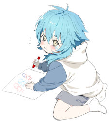  1boy aged_down blue_hair blush child closed_mouth commentary_request crayon crayon_drawing dramatical_murder drawing_(action) drawing_(object) from_side full_body hood hood_down hoodie looking_at_viewer looking_to_the_side male_focus miemia seragaki_aoba short_hair simple_background socks solo tears white_background white_socks 