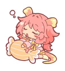  1girl bonnibelle_amai bonnibelle_amai_(pajamas) bow braid candy chibi chibi_only closed_eyes food hair_bow hand_on_own_face holding holding_candy holding_food indie_virtual_youtuber kowa_luna low_twin_braids open_mouth sleepy stingray_girl stingray_tail twin_braids virtual_youtuber white_background 