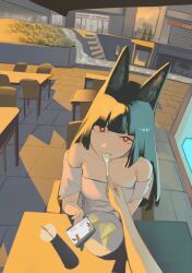  1girl angry_birds animal_ear_fluff animal_ears bailandsnq bare_shoulders black_hair blunt_bangs chair dress drink drinking_straw feeding food fox_ears fox_girl holding hoshimi_miyabi long_hair looking_at_viewer outdoors phone plate pov pov_hands red_(angry_birds) red_eyes sidelocks table white_dress zenless_zone_zero 