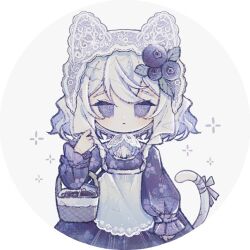  1girl animal_ears apron basket berry blue_dress blue_eyes blue_ribbon blueberry blueberry_hair_ornament blueberry_print bow braid cat_ears cat_girl cat_tail closed_mouth collared_dress commentary_request dot_mouth dress ears_under_headwear expressionless food food-themed_hair_ornament frilled_dress frilled_sleeves frills fruit hair_ornament holding holding_basket lace_apron lace_headwear leaf leaf_hair_ornament lolita_fashion long_sleeves naiguozi no_pupils original picnic_basket puffy_long_sleeves puffy_sleeves ribbon short_hair side_braids tail tail_ornament tail_ribbon wavy_hair white_apron white_hair 