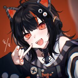  0mr3z 1girl :d ahoge animal_ear_headphones animal_ears arm_belt artist_name asymmetrical_sleeves bare_shoulders belt_collar black_choker black_hair black_nails black_sweater cat_ear_headphones cat_ears choker collar commentary dated eyeball_hair_ornament fake_animal_ears headphones highres long_sleeves looking_at_viewer mahou_shoujo_no_majo_saiban multicolored_hair nail_polish off-shoulder_sweater off_shoulder open_mouth orange_background orange_eyes orange_nails orange_streaks portrait sawatari_coco selfie sharp_teeth shirt short_hair signature single_bare_shoulder slit_pupils smile solo streaked_hair striped_sleeves sweater teeth twitter_username untranslatable_commentary upper_teeth_only white_shirt 