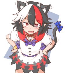  1girl animal_ear_fluff animal_ears bell black_hair blue_ribbon blush cat_ears cat_tail collar commentary_request commission cone_horns cowboy_shot dress fang grey_horns hands_on_own_hips highres horns kemonomimi_mode kijin_seija looking_at_viewer mizusoba multicolored_hair neck_bell open_mouth red_collar red_eyes ribbon short_hair short_sleeves skeb_commission small_horns solo streaked_hair tail tail_ornament tail_ribbon touhou two-tone_background whiskers white_hair 