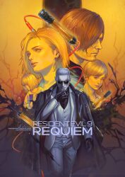  2boys 3girls absurdres beard_stubble black_coat black_gloves black_shirt blonde_hair brown_hair child coat coat_on_shoulders collared_shirt copyright_name cowboy_shot dress earrings emily_(resident_evil) facial_hair gloves grace_ashcroft grey_hair hair_slicked_back highres jacket jewelry leon_s._kennedy multiple_boys multiple_girls pants parted_bangs resident_evil resident_evil_requiem sherry_birkin shirt short_hair sign smoking soan9 stubble stud_earrings sunglasses syringe veiny_face vest waistcoat white_dress white_jacket white_pants white_shirt white_vest zeno_(resident_evil) 