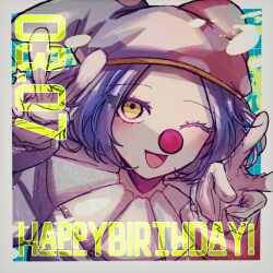  1girl blue_hair blue_jumpsuit border clown clown_nose danganronpa_another danganronpa_another:_another_despair_academy double_v frills happy_birthday hat highres iranami_satsuki jester_cap jumpsuit long_sleeves one_eye_closed open_mouth pink_jumpsuit polka_dot_headwear red_nose short_hair smile srm_d_r129 two-tone_headwear two-tone_jumpsuit v watermark white_border yellow_eyes 