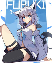 1girl ahoge animal_ears bare_shoulders black_shorts black_thighhighs blue_background blue_eyes blush braid bright_pupils character_name closed_mouth commentary_request detached_sleeves foot_out_of_frame fox_ears fox_girl fox_tail hair_between_eyes highres hololive knee_up long_sleeves looking_at_viewer shirakami_fubuki shirt short_hair shorts single_braid single_thighhigh sitting sleeveless sleeveless_shirt smile solo tail tetenka thigh-highs virtual_youtuber white_hair white_pupils white_shirt white_sleeves 