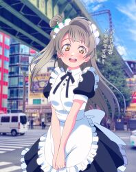  1girl absurdres akihabara_(tokyo) apron blush bridge commentary_request crosswalk grey_hair highres looking_at_viewer love_live! love_live!_school_idol_project maid_apron maid_headdress minami_kotori motor_vehicle photo_background ponytail railroad_tracks shinonome_sakura solo talking translation_request van yellow_eyes 
