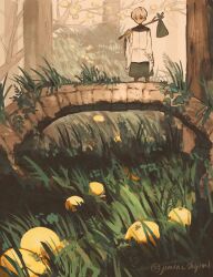  1boy artist_name bridge closed_mouth commentary_request crossed_bangs dark-skinned_male dark_skin forest hair_between_eyes hakama highres holding holding_stick instagram_username japanese_clothes jimini_shijimi long_sleeves nature original outdoors short_hair skeb_username sleeves_past_fingers sleeves_past_wrists solo stick tree twitter_username white-haired_man_(jimini_shijimi) white_hair wide_sleeves 
