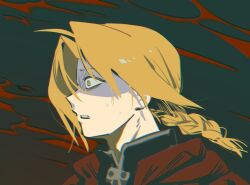  10ra3huhuhehe 1boy ahoge black_jacket blonde_hair coat commentary_request curtained_hair edward_elric from_side fullmetal_alchemist grey_background highres hood hooded_coat jacket long_hair male_focus nervous open_mouth red_coat simple_background solo teeth yellow_eyes 