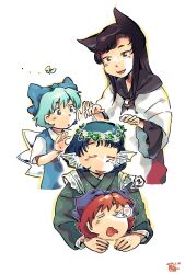  4girls :d :o animal_ears blue_bow blue_dress blue_eyes blue_hair blush bow brooch brown_hair bug butterfly cirno commentary dated disembodied_head dress fins grass_root_youkai_network green_kimono hair_bow head_fins highres ice ice_wings imaizumi_kagerou japanese_clothes jewelry kimono kokechankokko long_hair multiple_girls nose_bubble open_mouth red_eyes red_hair sekibanki smile spoken_zzz squeans touhou untranslatable_commentary wakasagihime white_background white_dress wings wolf_ears wolf_girl zzz 
