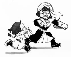  2boys :3 berke_(tenmaku_no_jaadugar) black_shoes book braid chasing closed_eyes from_side highres holding holding_book hulegu_(tenmaku_no_jaadugar) large_hands long_sleeves monochrome multiple_boys open_mouth robe running scared shoes single_braid sweatdrop tenmaku_no_jaadugar tomatosoup turban white_turban 