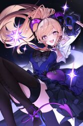  1girl :d absurdres arknights arknights:_endfield black_thighhighs blonde_hair blue_dress blue_gloves blue_shoes blush breasts commentary_request demon_tail dress foot_out_of_frame gloves hair_ornament heart heart_hair_ornament high_heels highres horns large_breasts liino_(arknights) long_hair long_sleeves looking_at_viewer open_mouth partially_fingerless_gloves pointy_ears purple_horns seorang shoes shrug_(clothing) sky smile solo star-shaped_pupils star_(sky) star_(symbol) starry_sky symbol-shaped_pupils tail thigh-highs thighs violet_eyes white_shrug 