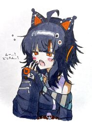  1girl ahoge animal_ear_headphones animal_ears bare_shoulders belt belt_collar black_choker black_hair black_nails black_sweater cat_ear_headphones cat_ears choker collar commentary_request eyeball_hair_ornament fake_animal_ears headphones highres long_sleeves mahou_shoujo_no_majo_saiban mariennnnnn_454 multicolored_hair nail_polish off-shoulder_sweater off_shoulder open_mouth orange_eyes orange_nails orange_streaks sawatari_coco shirt short_hair simple_background single_bare_shoulder skull solo squeans streaked_hair sweater teeth translation_request upper_body upper_teeth_only white_background white_shirt yawning 