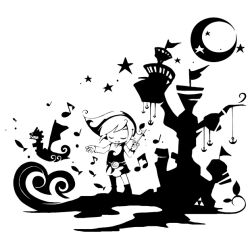  1boy anchor beamed_eighth_notes belt boat closed_eyes commentary crescent_moon eighth_note flag holding holding_wand link male_focus moon musical_note open_mouth orange_lore pants phrygian_cap quarter_note sailboat short_hair smile star_(symbol) the_king_of_red_lions the_legend_of_zelda the_legend_of_zelda:_the_wind_waker toon_link triforce tunic wand watercraft waves wind_waker_(object) 