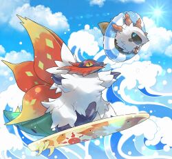  blue_eyes bug clouds commentary_request highres innertube larvesta mofu_(pk3566) pokemon pokemon_(creature) pokemon_focus slither_wing sun sun_glare surfboard surfing swim_ring tagme water waves waving white_fur 