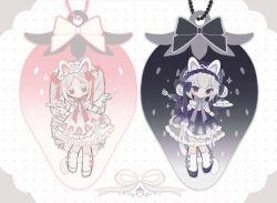  2girls accurate_lolita_coord blackberry_(fruit) blackberry_hair_ornament blush bow bowtie cake cake_slice charm_(object) closed_mouth collared_dress colored_eyelashes commentary_request daifuku dot_mouth double_bun dress drill_hair expressionless food food-themed_background food-themed_clothes food-themed_hair_ornament food_print fork frilled_dress frills fruit fruit_background fruit_print full_body gloves gothic_lolita grey_eyes hair_bun hair_ornament hairband highres holding holding_cake holding_food holding_fork ichigo_daifuku icing kneehighs layered_dress lolita_fashion lolita_hairband long_hair multiple_girls naiguozi no_pupils original pink_bow pink_ribbon purple_bow purple_dress purple_gloves purple_hairband purple_ribbon purple_shoes ribbon see-through_clothes see-through_dress shoes short_hair socks strawberry strawberry_background strawberry_cake strawberry_hair_ornament strawberry_print sweet_lolita twin_drills very_long_hair violet_eyes wagashi white_bow white_dress white_eyelashes white_gloves white_hair white_hairband white_ribbon white_shoes 