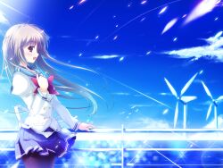  1girl antenna_hair arm_support back_ribbon bird black_pantyhose bow bowtie brown_eyes buttons clouds collarbone day double-breasted fence floating_hair game_asset grey_hair hand_on_own_chest hand_up highres iron_fence jacket juliet_sleeves lapels long_hair long_sleeves looking_at_viewer mikeou miniskirt nanairo_kouro nanami_haruka_(nanairo_kouro) non-web_source ocean open_mouth outdoors pantyhose pleated_skirt profile puffy_sleeves purple_sailor_collar purple_skirt red_bow red_bowtie ribbon sailor_collar school_uniform seagull self-datamine shirt shoulder_boards skirt sky smile solo striped_clothes two_side_up white_jacket white_ribbon white_shirt windmill 