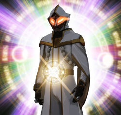  1boy black_gloves bodysuit cloak commentary_request gloves glowing glowing_eyes gold_trim jewelry kamen_rider kamen_rider_wizard_(series) magic_circle murahigeya orange_eyes rider_belt ring solo the_white_wizard tokusatsu white_bodysuit white_cloak white_wizard_driver wizard_ring 